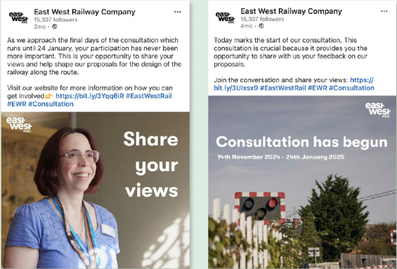 Image showing two social media posts from the East West Rail account