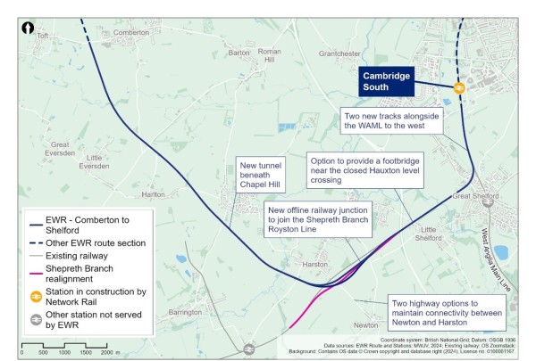 An image showing proposed route between Comberton and Shelford, with two new tracks alongside the WAML to the west. Shows the new offline railway junction to join the Shepreth Branch Royston Line, and a new tunnel beneath Chapel Hill.