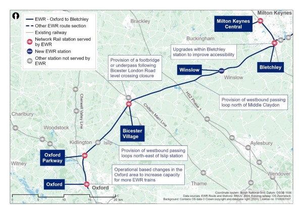 Image showing the proposed route from Oxford to Bletchley.