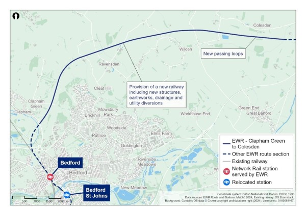 An image showing the proposed route between Clapham Green and Colesden.
