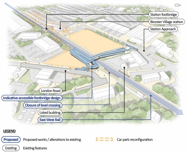 This figure shows Option 1a for traffic diversion and an accessible footbridge for pedestrians, cyclists, and other users at London Road