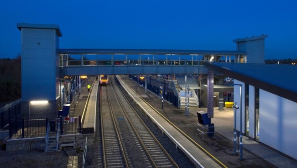A train station at night