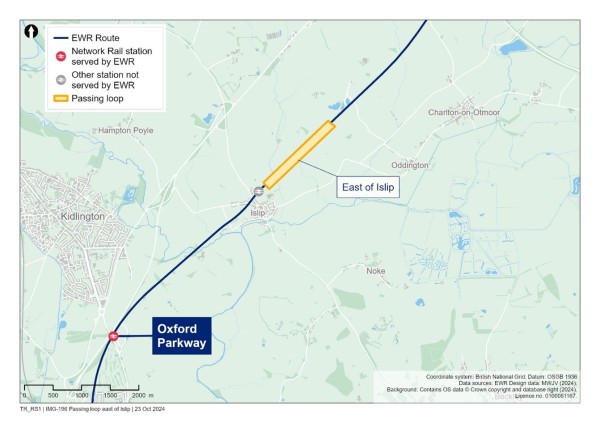 This figure is a map showing the proposed Islip passing loop to the East of Islip