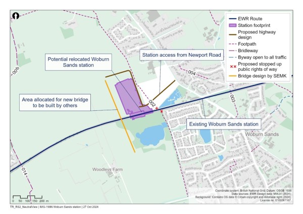 A figure showing the proposed relocated Woburn Sands station