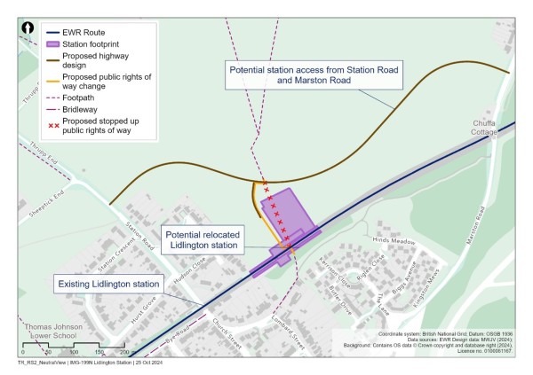 This figure shows a map with the proposed relocated Lidlington station