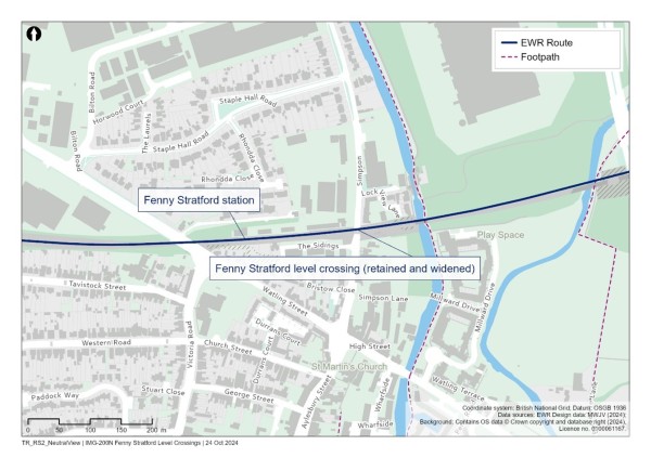This figure is a map showing the Fenny Stratford level crossing, which would be retained and widened 