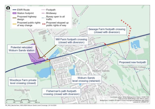 This figure is a map showing the level crossings in the Woburn Sands area
