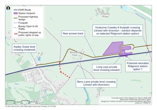 This figure is a map showing the level crossings in the Aspley Guise areas