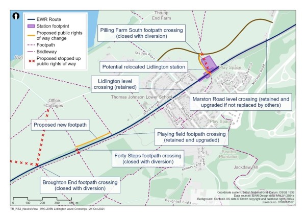 This figure is a map showing the level crossings in the Lidlington area