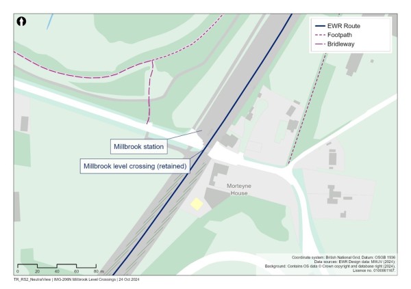 This figure is a map showing the level crossing near Millbrook station