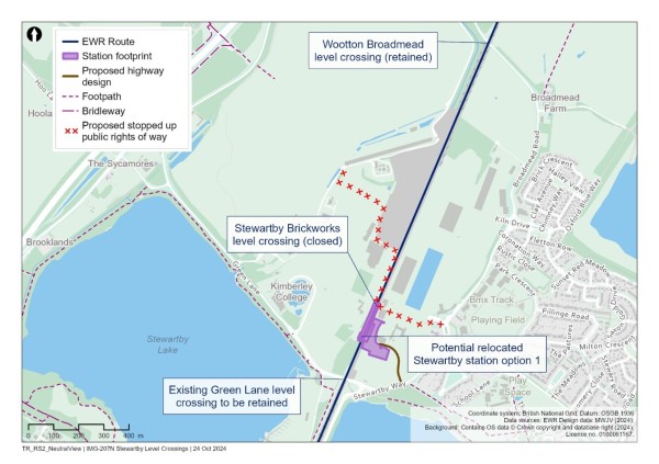 This figure is a map showing the level crossings in the Stewartby area