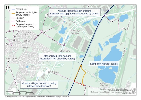 A map showing Kempston Hardwick level crossings