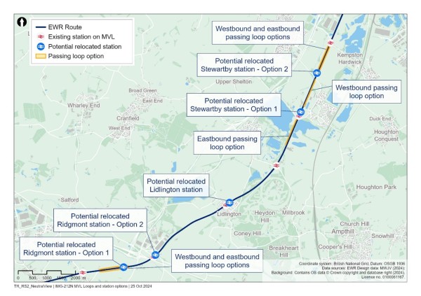 This figure is a map showing potential locations of passing loops at Ridgmont and Stewartby