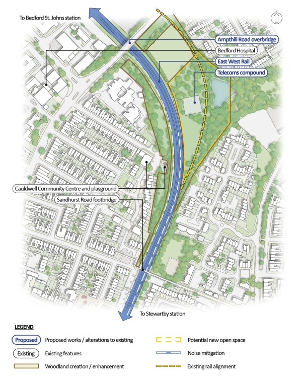 An indicative illustration of the alignment between the Marston Vale Line and Bedford St Johns