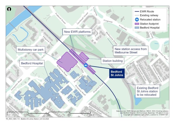 This is a figure showing the proposed location of the relocated Bedford St Johns station