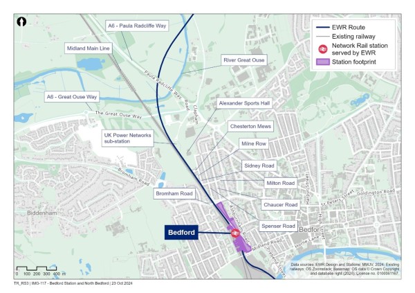 A map showing East West Rail route proposals north of Bedford