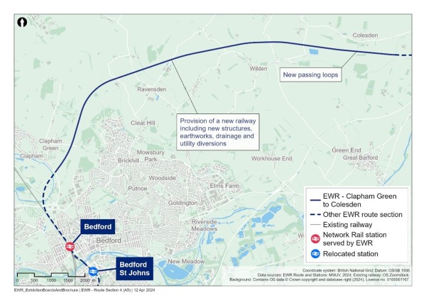A map showing Clapham Green to Colesden route section