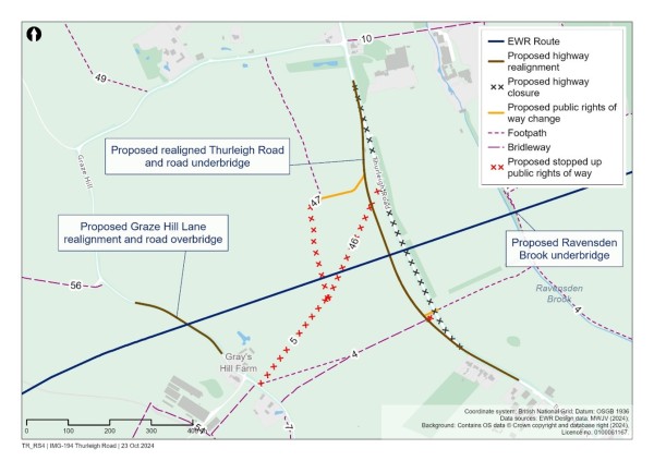 A map showing public rights of way in the Graze Hill and Thurleigh Road area 
