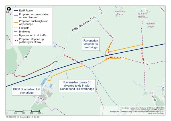 A map showing the public rights of way footpath diversions and the proposed route 