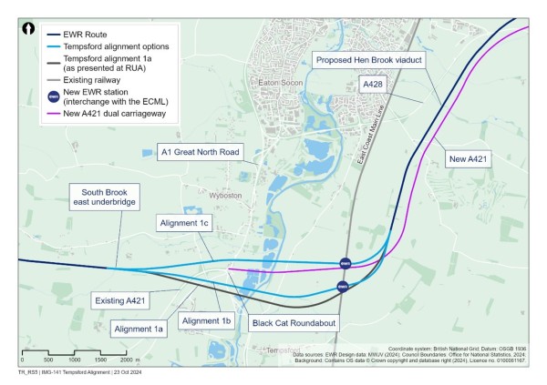 A map showing alignment options 1a, 1b and 1c for Tempsford