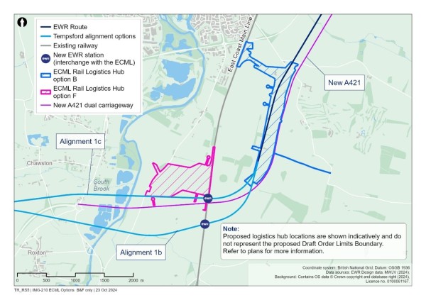 A map showing East Coast Main Line Logistic Hub options B and F