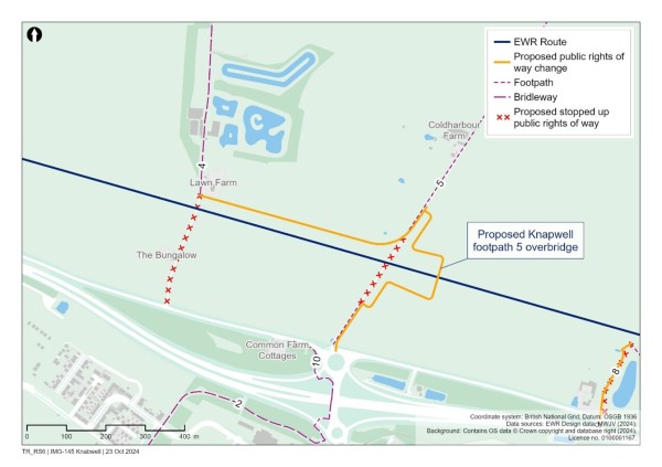 A map showing proposed public right of way crossings north-west of Cambourne