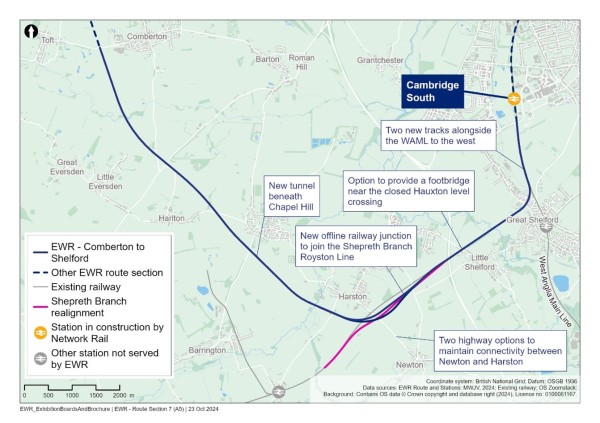 A map showing Comberton to Shelford route section proposals