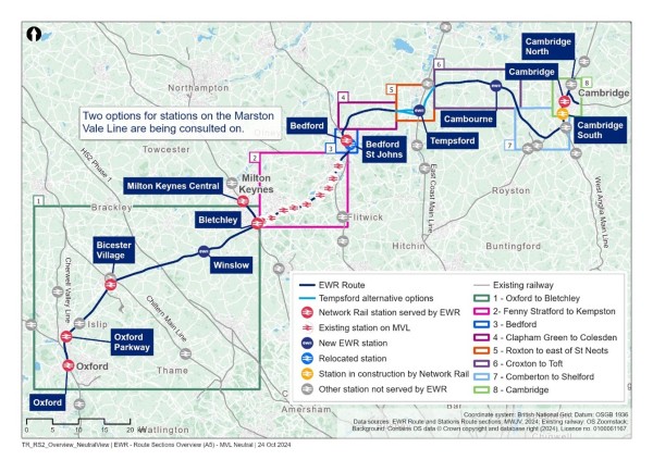 A figure showing an overall map of the eight route sections. Section 1: Oxford to Bletchley, Section 2: Fenny Stratford to Kempston, Section 3: Bedford, Section 4: Clapham Green to Colesden, Section 5: Roxton to east of St Neots, Section 6: Croxton to Toft, Section 7: Comberton to Shelford, Section 8: Cambridge