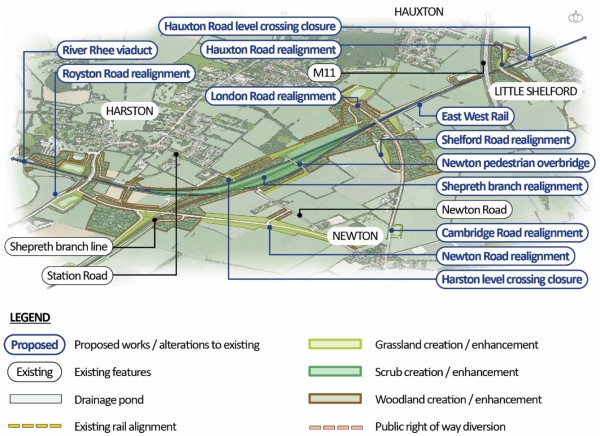 An indicative illustration of Hauxton Junction and Newton Road to the south-west of the route