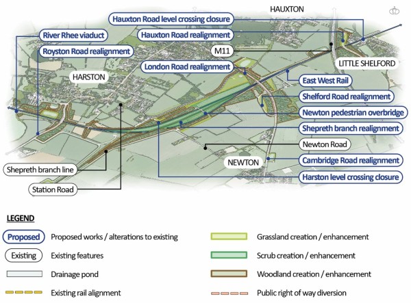An indicative illustration of Hauxton Junction and Station Road connecting the realigned London Road 