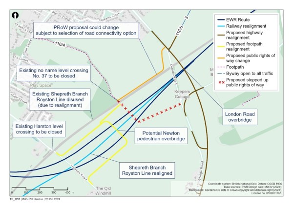 A map showing potential new accessible footbridge between Newton and Harston