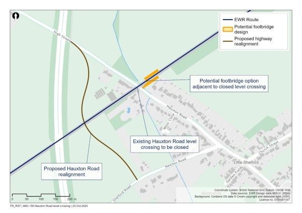A map showing option to include a new footbridge at the closed Hauxton Road level crossing