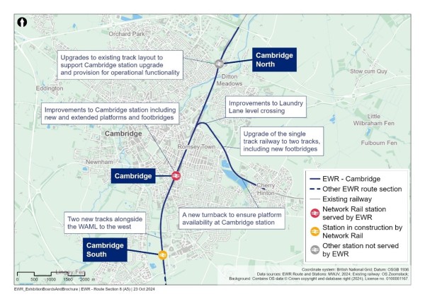 A map showing Cambridge route section 