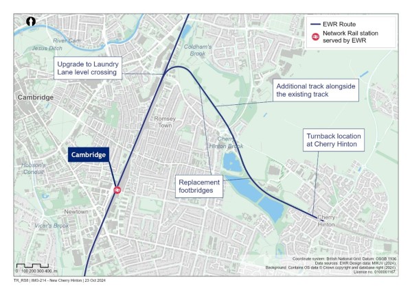 A map showing proposed changes on the Newmarket Line including a turnback at Cherry Hinton 