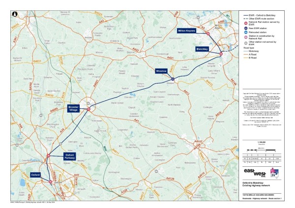 Figure 12 is an image showing the baseline highway network around the Oxford to Bletchley study area. 