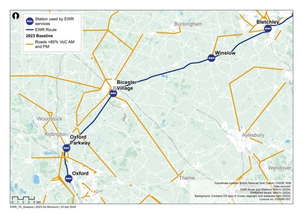 Figure 13 is an image highlighting baseline routes (roads) that are operating at or over capacity within the Oxford to Bletchley study area.