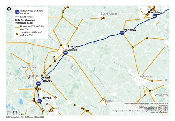 Figure 20 is an image showing roads in the Oxford to Bletchley study area which are expected to have a Volume over Capacity >=85% in 2034 (without the project scenario).