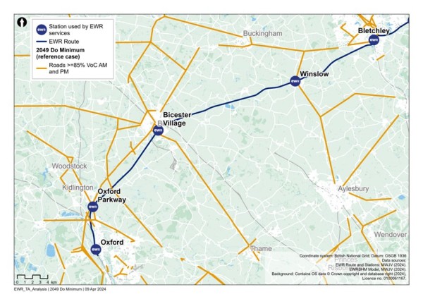 Figure 21 is an image showing roads in the Oxford to Bletchley study area which are expected to have a Volume over Capacity >=85% in 2049 (without the project scenario)