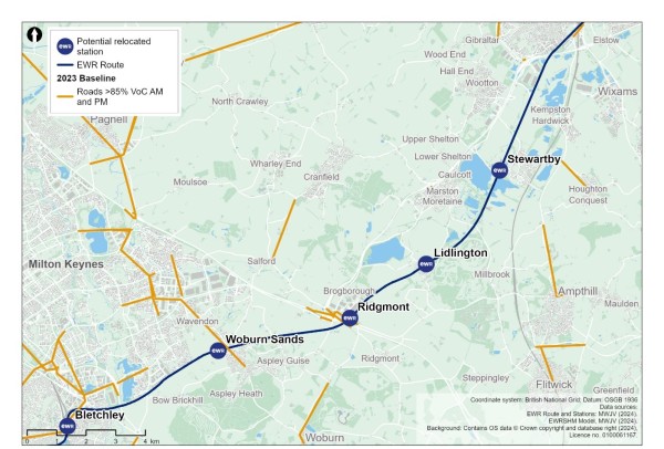 Figure 27 shows the 2023 baseline routes operating at or over capacity between Fenny Stratford to Kempston