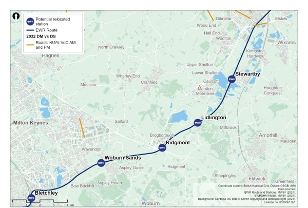 Figure 36 shows a comparison of 2032 reference case (no project) vs 2032 with project: additional roads with a Volume over Capacity >=85%
