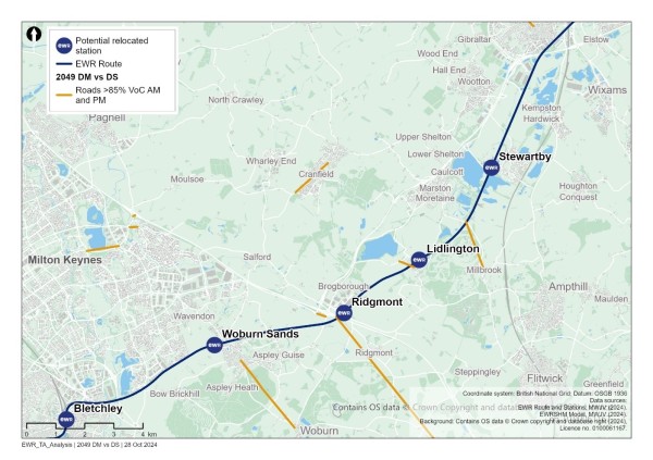 Figure 38 shows a comparison of 2049 reference case (no project) vs 2049 with project: additional roads with a Volume over Capacity >=85%