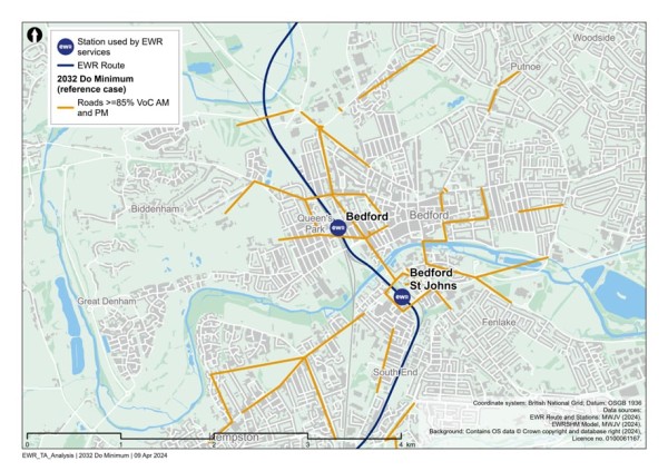 Figure 45 is an image showing roads in the Bedford study area which are expected to have a VoC >=85% in 2032 (without the project scenario)