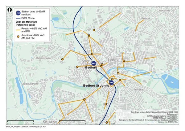 Figure 46 is an image showing roads in the Bedford study area which are expected to have a VoC >=85% in 2034 (without the project scenario)