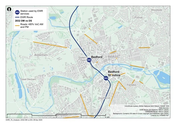 Figure 48 is a comparison of 2032 reference case (no project) vs 2032 with project: additional roads with a VoC >=85% in the Bedford study area