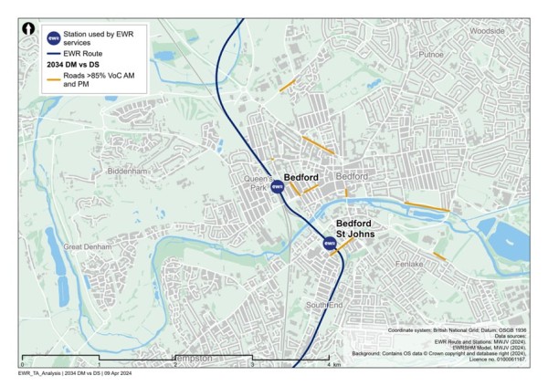 Figure 49 is a comparison of 2034 reference case (no project) vs 2034 with project: additional roads with a VoC >=85% in the Bedford study area