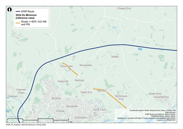Figure 54 is an image showing roads in the Clapham Green to Colesden study area which are expected to have a VoC >=85% in 2034 (without the project scenario)