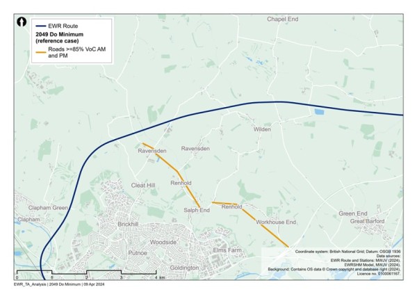 Figure 55 is an image showing roads in the Clapham Green to Colesden study area which are expected to have a VoC >=85% in 2049 (without the project scenario)