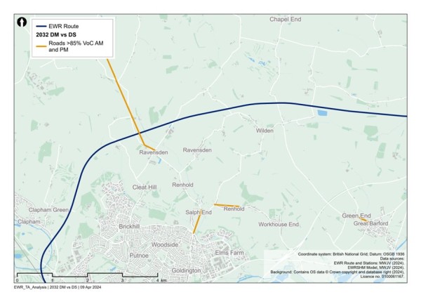 Figure 56 is a comparison of 2032 reference case (no project) vs 2032 with project: additional roads with a VoC >=85% in the Clapham Green to Colesden study area