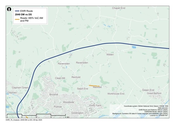 Figure 57 is a comparison of 2049 reference case (no project) vs 2049 with project: additional roads with a VoC >=85% in the Clapham Green to Colesden study area