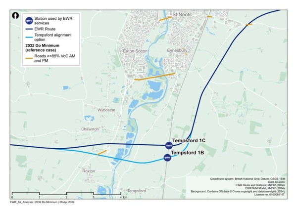 Figure 63 is an image showing roads in the Roxton to east of St Neots study area which are expected to have a VVoC >=85% in 2034 (without the project scenario)
